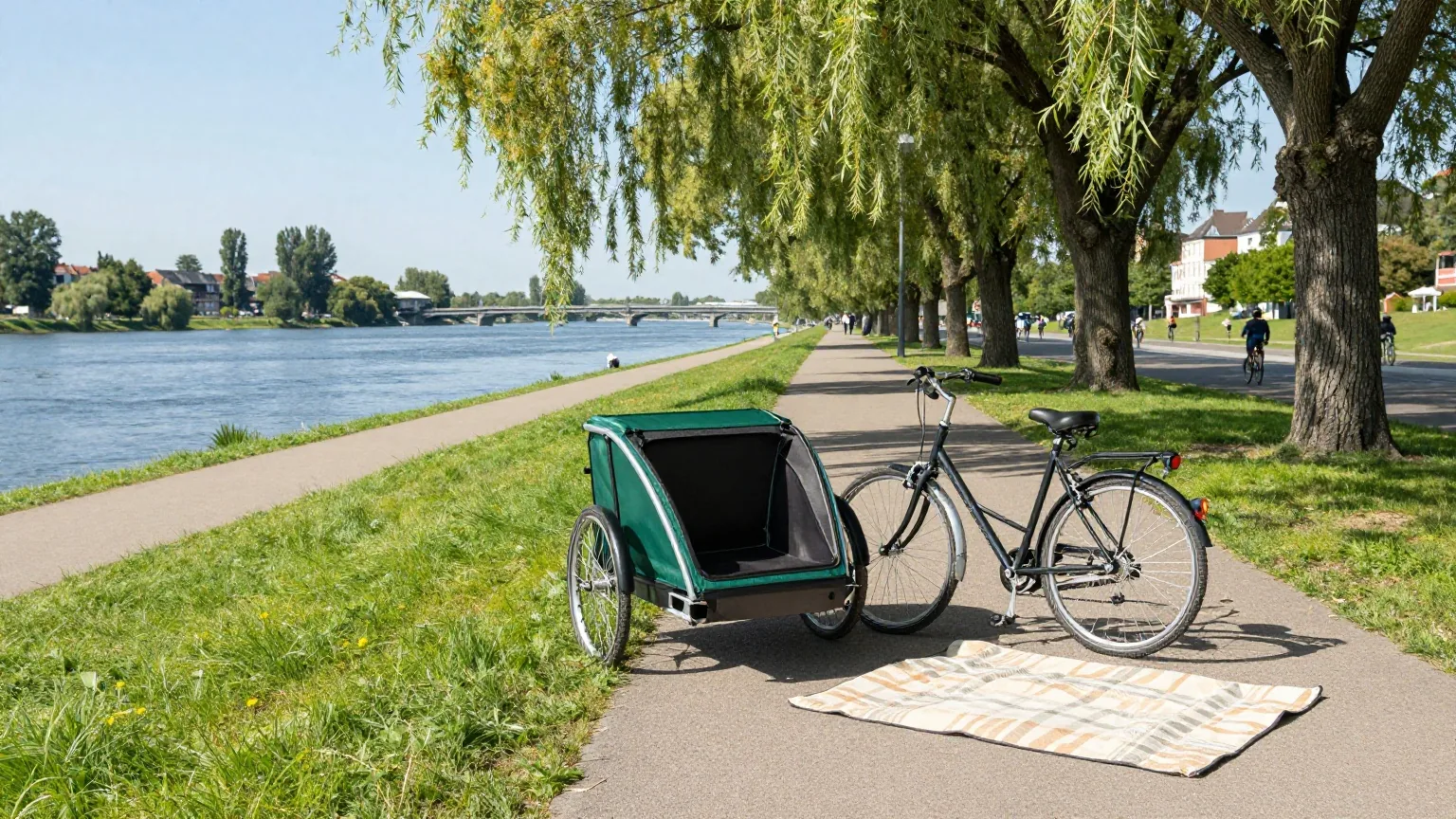 Ein leerer Fahrradanhänger an einem Reiserad auf einem Radweg mit Weiden am Ufer, daneben eine Picknickdecke im Gras