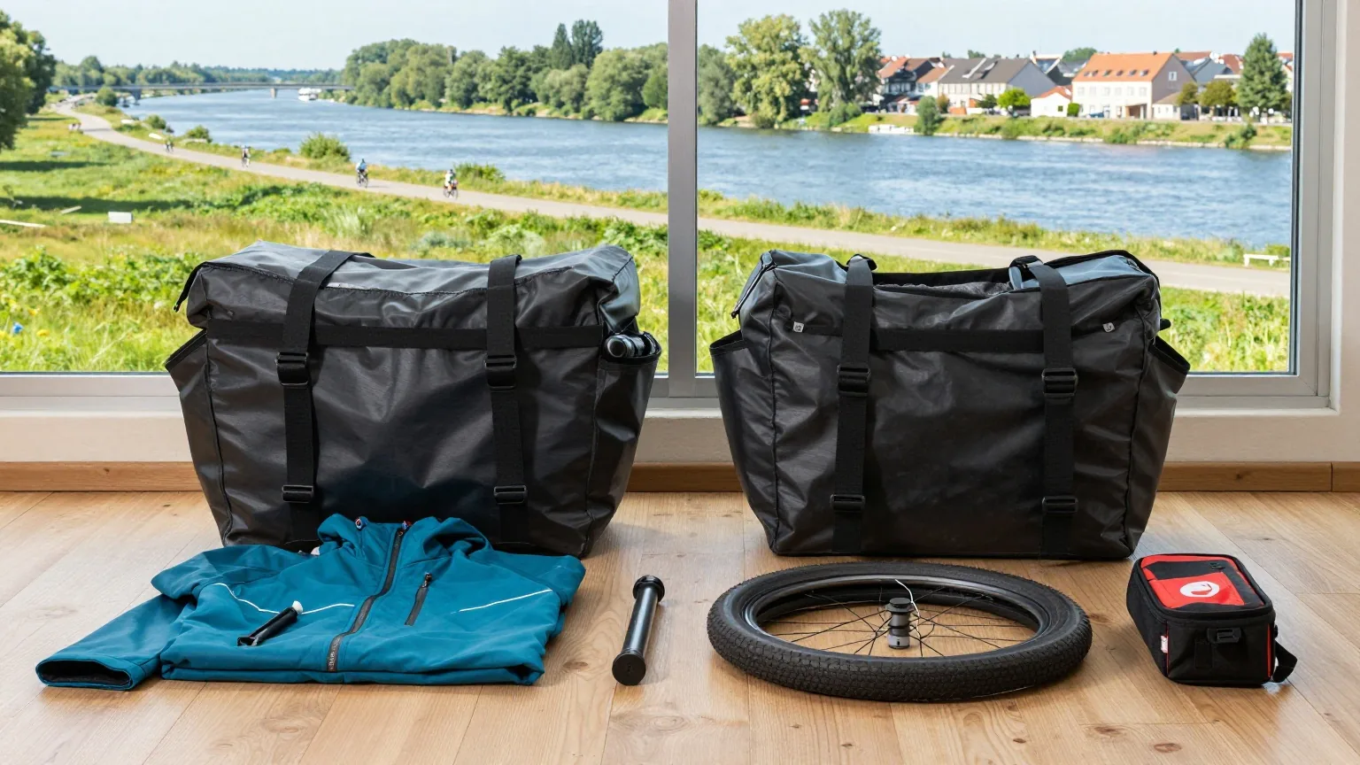 Zwei geöffnete Packtaschen auf einem Holzboden, daneben Regenjacke, Fleece, Reifenheber, Ersatzschlauch, Pumpe und Erste-Hilfe-Tasche
