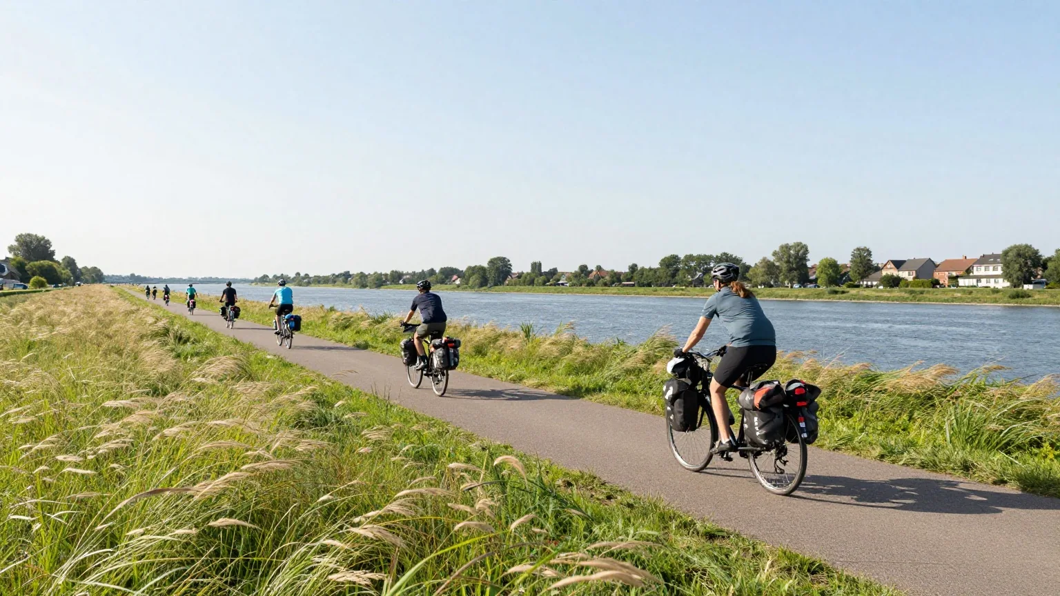Ein Radweg auf einem Deich an der Elbe, das Gras biegt sich im Wind, eine Radreisende fährt mit Packtaschen dagegen
