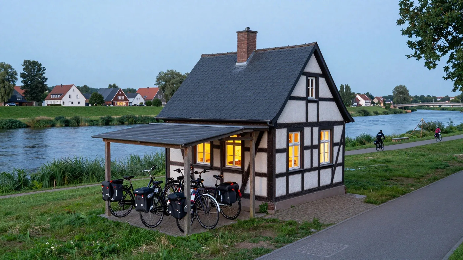Eine kleine Fachwerkpension in einem Dorf an der Elbe in der Dämmerung, daneben Reiseräder in einem überdachten Holzschuppen