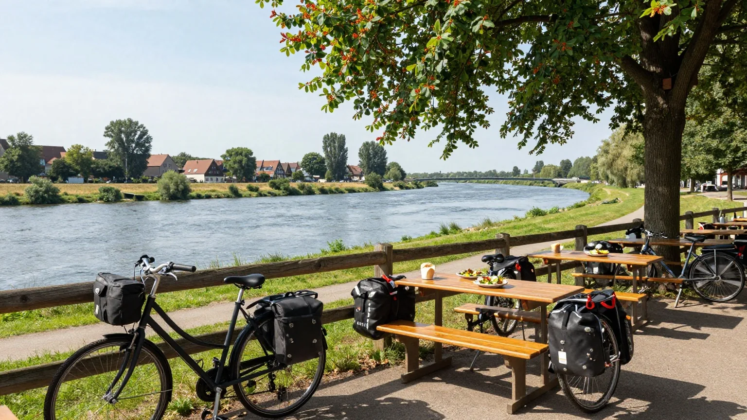 Zwei Reiseräder lehnen am Zaun eines Gartenlokals an der Elbe, unter Kastanien stehen Holztische mit Brot und Salat