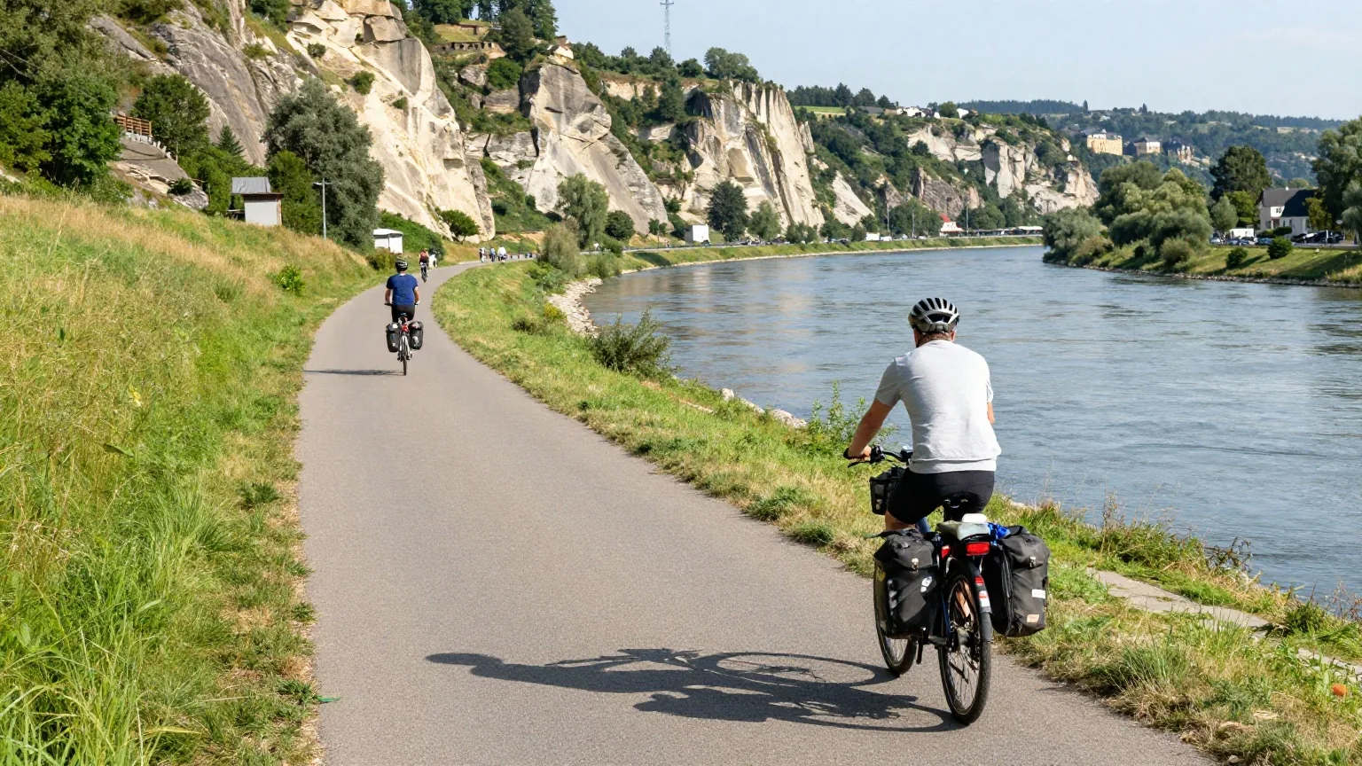 Ein asphaltierter Radweg zwischen Bahndamm und Elbe unter hohen Sandsteinfelsen, ein Radfahrer mit Packtaschen von hinten