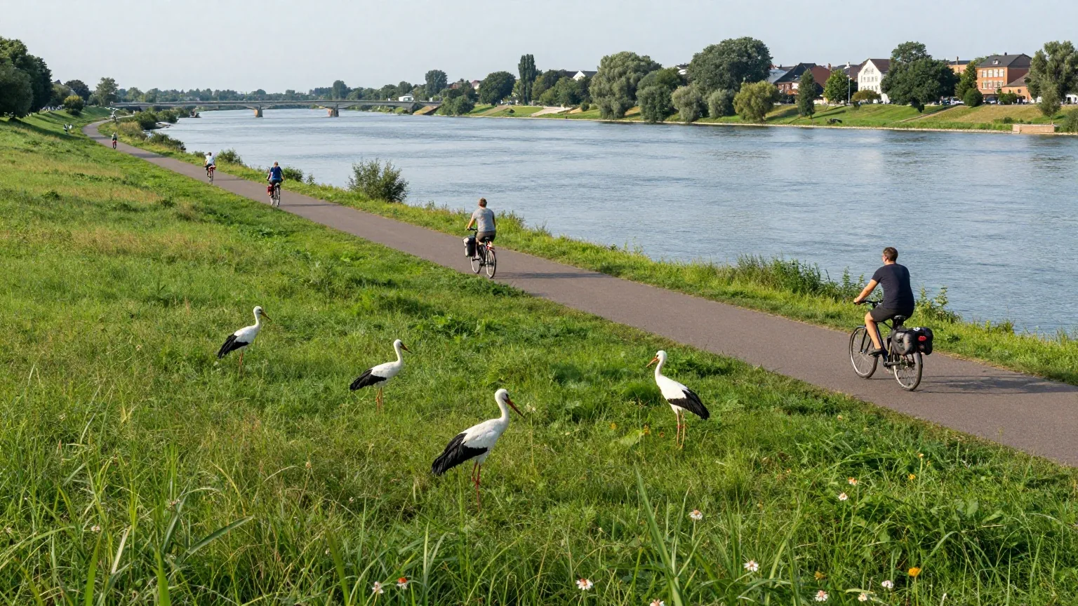 Ein Radweg auf einem langen Elbdeich, unten Störche in einer feuchten Wiese, in der Ferne ein Radfahrer