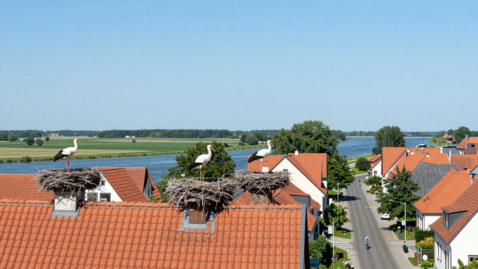 Mehrere Weißstörche stehen in großen Nestern auf alten Ziegeldächern eines Dorfes vor blauem Sommerhimmel